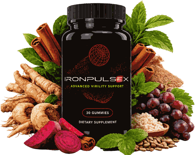 IronPulseX bottle of 30 mens vitality gummies surrounded by its botanical ingredients